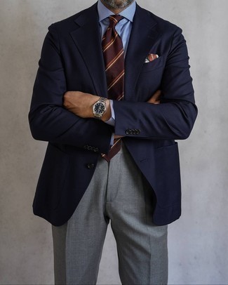 Dark Brown Horizontal Striped Tie Outfits For Men: This elegant combo of a navy blazer and a dark brown horizontal striped tie is a popular choice among the sartorial-savvy chaps.