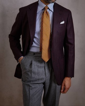 Mustard Print Tie Outfits For Men: A burgundy blazer and a mustard print tie are a classy combination that every modern man should have in his sartorial collection.