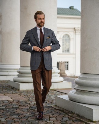 Dark Brown Dress Pants Outfits For Men: Combining a charcoal check blazer with dark brown dress pants is a wonderful pick for a stylish and refined look. Let your expert styling really shine by completing this getup with dark brown leather tassel loafers.