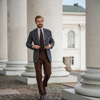 Dark Brown Dress Pants Outfits For Men: Loving how this combination of a charcoal plaid blazer and dark brown dress pants instantly makes men look stylish and polished. Our favorite of an endless number of ways to complete this look is with a pair of dark brown leather tassel loafers.
