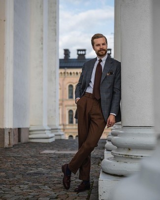 Brown Print Pocket Square Dressy Outfits: Pair a charcoal check blazer with a brown print pocket square to assemble a relaxed and absolutely dapper outfit. To give this look a smarter finish, introduce dark brown leather tassel loafers to your getup.