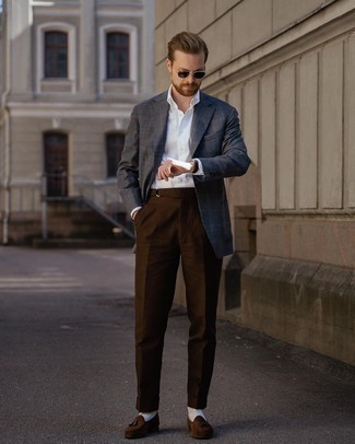 Dark Brown Dress Pants Outfits For Men: We're loving how this combination of a navy check blazer and dark brown dress pants immediately makes men look elegant and dapper. On the shoe front, this outfit pairs well with dark brown suede tassel loafers.
