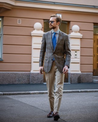 Blue Sunglasses Outfits For Men: This combination of a dark brown plaid blazer and blue sunglasses is hard proof that a safe casual outfit can still be extra sharp. For something more on the classy end to complete your outfit, introduce dark brown leather tassel loafers to the equation.