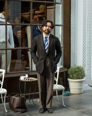Men's Dark Brown Plaid Wool Blazer, White and Blue Vertical Striped Dress Shirt, Brown Dress Pants, Black Leather Loafers
