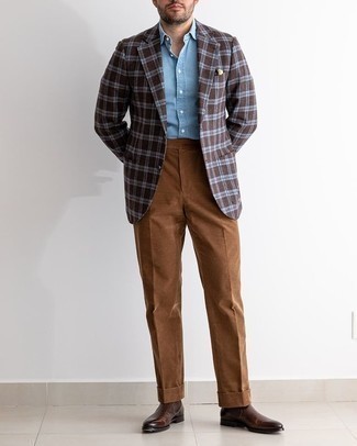 Dark Brown Leather Chelsea Boots Outfits For Men: To look cool and sharp, consider wearing a dark brown plaid wool blazer and brown corduroy dress pants. For extra style points, add dark brown leather chelsea boots to this outfit.