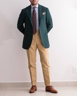 Teal Print Tie Outfits For Men: Make a dark green blazer and a teal print tie your outfit choice to be the picture of refinement. A pair of brown leather brogues looks wonderful here.