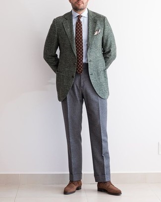 Dark Brown Suede Derby Shoes Outfits: Combining a dark green wool blazer and grey dress pants will allow you to showcase your sartorial prowess. Let your sartorial credentials really shine by rounding off your look with dark brown suede derby shoes.