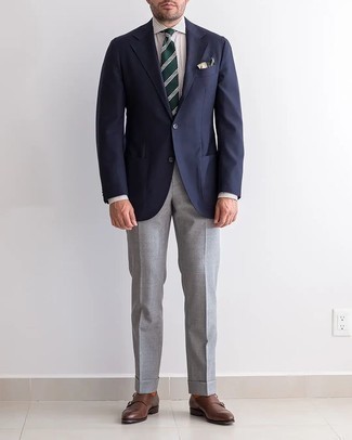 Orange Socks Outfits For Men: This is hard proof that a navy blazer and orange socks are awesome when paired together in a casual ensemble. Inject this outfit with an added touch of elegance by sporting dark brown leather double monks.