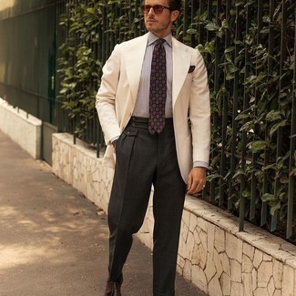 Brown Sunglasses Outfits For Men: If you gravitate towards comfort dressing, why not test drive this combination of a beige blazer and brown sunglasses? Dark brown leather tassel loafers will give an added dose of refinement to an otherwise straightforward look.