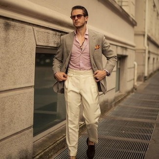 Brown Sunglasses Outfits For Men: This pairing of a tan check blazer and brown sunglasses is super easy to throw together and so comfortable to work as well! To give your getup a more sophisticated feel, why not complete this outfit with dark brown suede loafers?