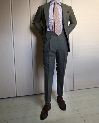 Grey Suspenders Outfits: An olive blazer and grey suspenders are a nice combo that will take you throughout the day and into the night. Complete your getup with dark brown suede double monks to avoid looking too casual.
