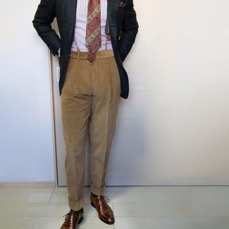 Brown Leather Oxford Shoes Outfits: A dark green check wool blazer and khaki corduroy dress pants are an incredibly sharp combo to try. For something more on the elegant side to round off your ensemble, complete your look with a pair of brown leather oxford shoes.