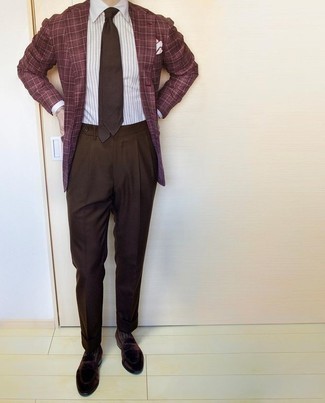 Cool Effect Plaid Two Button Sport Coat Burgundynavy