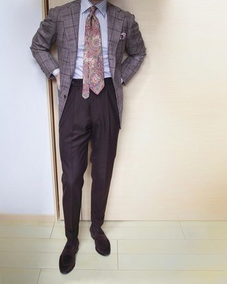 Multi colored Paisley Tie Outfits For Men: One of the most elegant ways to style out such a hard-working menswear item as a brown check blazer is to team it with a multi colored paisley tie. Dark brown velvet loafers make your ensemble complete.