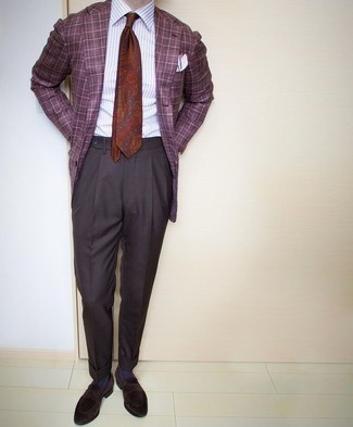 Red Paisley Tie Outfits For Men: Try teaming a burgundy plaid blazer with a red paisley tie and you're guaranteed to make a fashion statement. On the footwear front, this look is finished off nicely with dark brown velvet loafers.