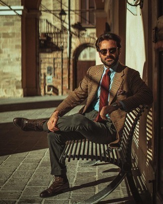 Red Tie Outfits For Men: Make a brown vertical striped blazer and a red tie your outfit choice if you're aiming for a proper, smart outfit. Jazz up your outfit with more laid-back shoes, such as these dark brown suede casual boots.