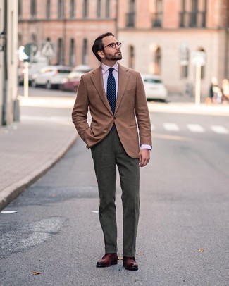 Blue Polka Dot Tie Outfits For Men: You'll be amazed at how easy it is to get dressed like this. Just a tan houndstooth wool blazer and a blue polka dot tie. If you're not sure how to round off, a pair of dark brown leather derby shoes is a wonderful choice.