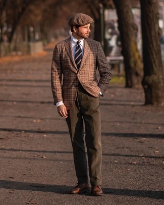 Brown Leather Brogues Outfits: Go for a brown plaid blazer and olive corduroy dress pants to look smooth and stylish. On the footwear front, this getup is complemented perfectly with brown leather brogues.