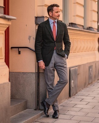 Men's Dark Brown Check Blazer, White and Navy Vertical Striped Dress Shirt, Grey Dress Pants, Black Leather Loafers