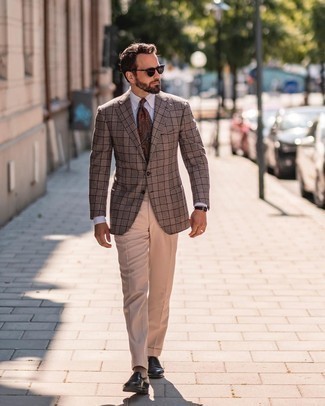 Brown Plaid Blazer Outfits For Men: Marrying a brown plaid blazer and khaki dress pants is a fail-safe way to inject your closet with some masculine sophistication. A pair of black leather loafers is a tested footwear option here that's full of character.