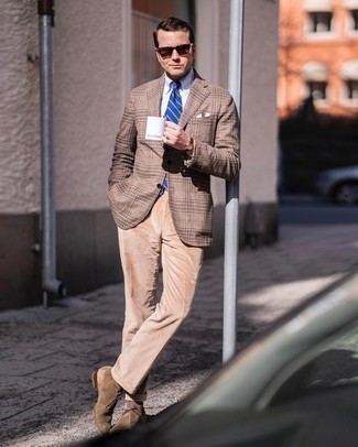 Olive Suede Desert Boots Outfits: Wear a brown plaid blazer and khaki corduroy dress pants for manly sophistication with a modernized spin. Introduce a pair of olive suede desert boots to your ensemble to instantly amp up the wow factor of your ensemble.