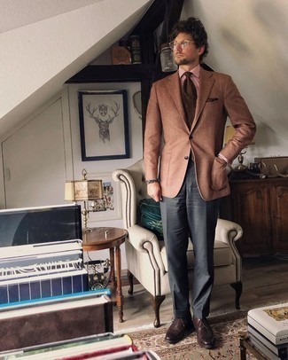 Brown Wool Blazer Outfits For Men: Combining a brown wool blazer with charcoal dress pants is a nice idea for a dapper and classy look. If you wish to instantly dial down this outfit with footwear, complete your ensemble with dark brown leather brogues.