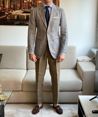 Blue Polka Dot Tie Outfits For Men: Channel your inner James Bond and pair a grey plaid blazer with a blue polka dot tie. The whole look comes together if you complete this look with dark brown suede tassel loafers.