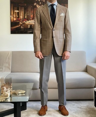 Brown Suede Derby Shoes Outfits: We're loving how this combo of a tan houndstooth blazer and grey dress pants immediately makes a man look dapper and polished. Consider brown suede derby shoes as the glue that brings this look together.