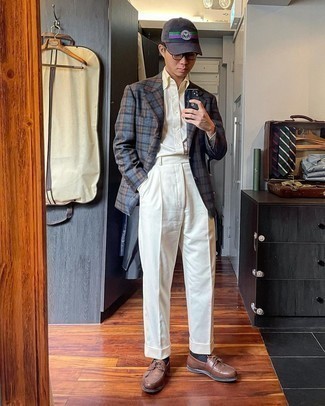 Men's Outfits 2021: This is indisputable proof that a charcoal plaid blazer and white dress pants are amazing when teamed together in a polished outfit for today's gent. A pair of brown leather boat shoes effortlessly revs up the appeal of this look.