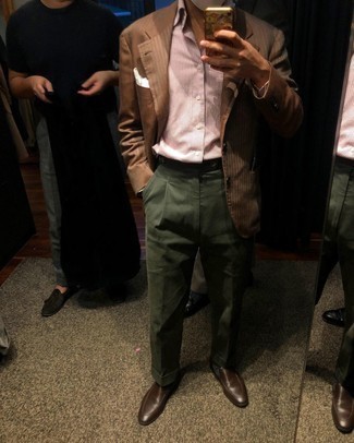 Blazer Outfits For Men: Opt for a blazer and olive dress pants - this look will definitely make heads turn. Our favorite of a ton of ways to complete this getup is with a pair of dark brown leather loafers.