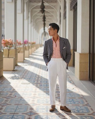 White Dress Pants Outfits For Men: Pairing a black and white vertical striped blazer with white dress pants is an on-point pick for a sharp and sophisticated look. If not sure as to what to wear on the shoe front, stick to a pair of brown leather loafers.