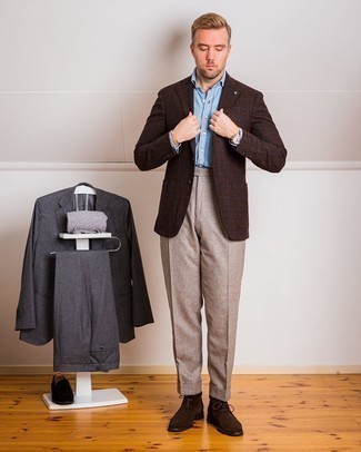 Dark Brown Plaid Wool Blazer Warm Weather Outfits For Men: To look like a real dandy, rock a dark brown plaid wool blazer with khaki dress pants. Let your sartorial sensibilities truly shine by rounding off this ensemble with a pair of dark brown suede desert boots.