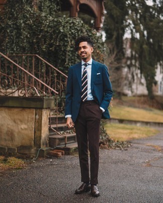 Brown Dress Pants Outfits For Men: Pair a navy blazer with brown dress pants and you'll exude elegance and refinement. The whole look comes together brilliantly when you add a pair of dark brown leather loafers to your getup.