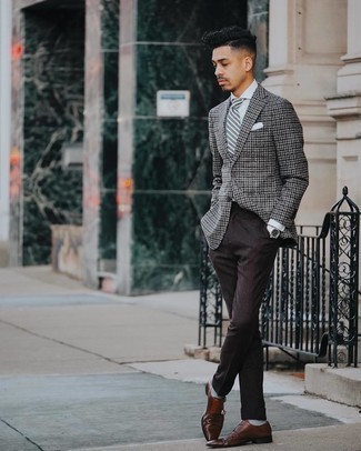 Dark Brown Dress Pants Outfits For Men: Without any doubt, you'll look handsome and dapper in a grey gingham wool blazer and dark brown dress pants. For extra fashion points, add a pair of dark brown leather double monks to the mix.