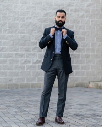 Bow-tie Outfits For Men: You'll be amazed at how super easy it is for any man to get dressed this way. Just a black blazer combined with a bow-tie. And if you wish to effortlessly bump up your look with shoes, add burgundy leather oxford shoes to the equation.