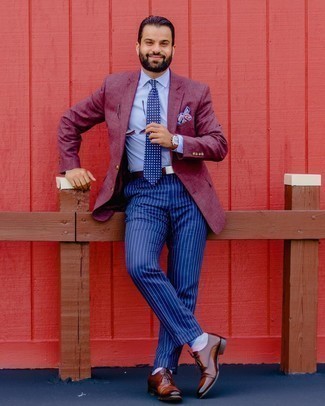 Burgundy Blazer Outfits For Men: For an outfit that's polished and Bond-worthy, pair a burgundy blazer with navy vertical striped dress pants. Got bored with this getup? Invite a pair of brown leather oxford shoes to jazz things up.