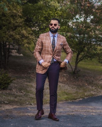 Multi colored Print Pocket Square Outfits: Wear a brown plaid blazer and a multi colored print pocket square for a street style and stylish look. Burgundy leather oxford shoes are a fail-safe way to bring an added dose of style to this look.