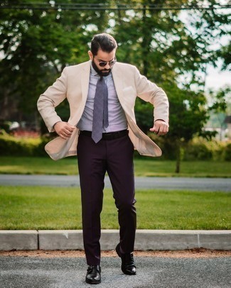 Monks Outfits: When it comes to timeless refinement, this combo of a beige blazer and dark purple dress pants doesn't disappoint. Introduce a pair of monks to the mix and the whole ensemble will come together quite nicely.