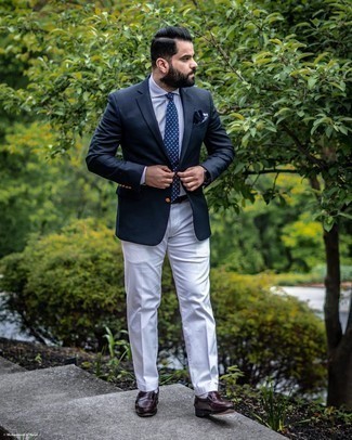 White Dress Pants Outfits For Men: For a look that's absolutely gasp-worthy, marry a navy blazer with white dress pants. Dark brown leather loafers make your getup whole.