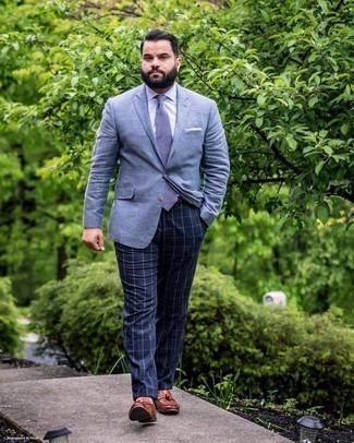 Blue Blazer Outfits For Men: Make a blue blazer and navy check dress pants your outfit choice and you'll look like a true style visionary. Brown leather tassel loafers look wonderful here.