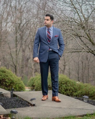 Red and Navy Horizontal Striped Tie Outfits For Men: Team a navy blazer with a red and navy horizontal striped tie if you're aiming for a neat, sharp look. If you're not sure how to finish, a pair of tobacco leather double monks is a surefire option.