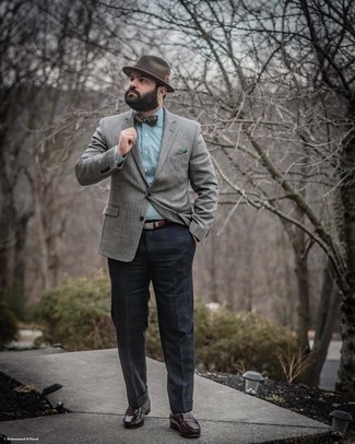 Bow-tie Outfits For Men: A grey herringbone wool blazer and a bow-tie are a great outfit to add to your casual arsenal. To add elegance to your outfit, round off with a pair of dark brown leather loafers.