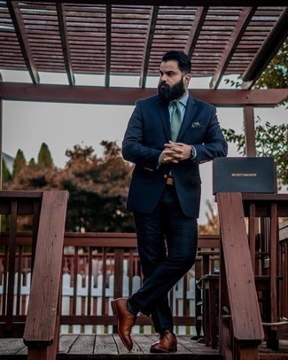 Blue Socks Outfits For Men: To pull together a laid-back ensemble with a twist, choose a navy blazer and blue socks. Rev up this whole getup with brown leather oxford shoes.
