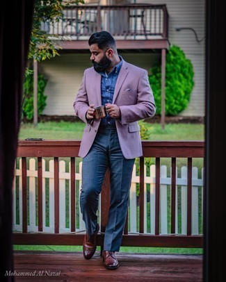 Navy Dress Pants Outfits For Men: To look modern and dapper, rock a purple blazer with navy dress pants. Dial down the formality of this outfit by finishing off with a pair of dark brown leather brogues.