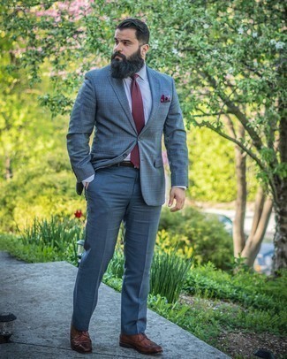 Burgundy Print Pocket Square Warm Weather Outfits: For a cool and casual getup, team a grey plaid blazer with a burgundy print pocket square — these two pieces play nicely together. Dark brown leather brogues will bring a classic aesthetic to the ensemble.