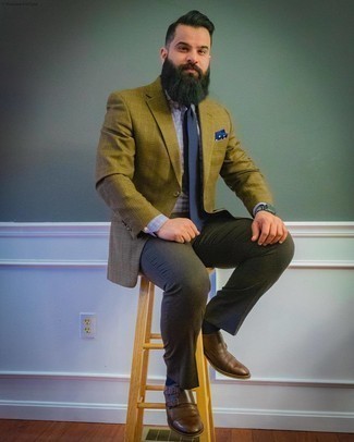 Navy and White Polka Dot Pocket Square Outfits: This pairing of an olive plaid blazer and a navy and white polka dot pocket square offers both comfort and confidence. With footwear, go for something on the dressier end of the spectrum by slipping into dark brown leather double monks.