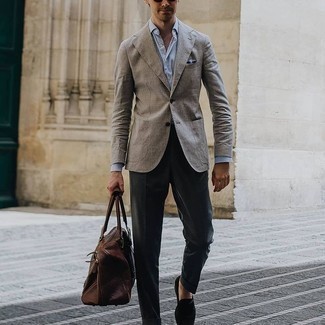 Grey Blazer with Black Dress Pants Outfits For Men: A grey blazer and black dress pants are a classy combo that every dapper man should have in his sartorial arsenal. If you don't know how to finish off, a pair of black suede loafers is a great pick.