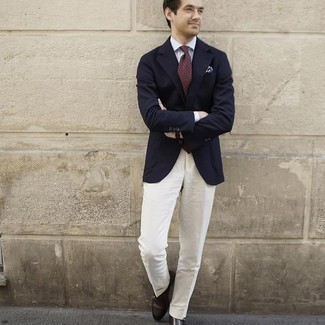 White Dress Pants Outfits For Men: Wear a navy blazer with white dress pants for a classic and classy silhouette. Dark brown leather double monks serve as the glue that will tie your outfit together.