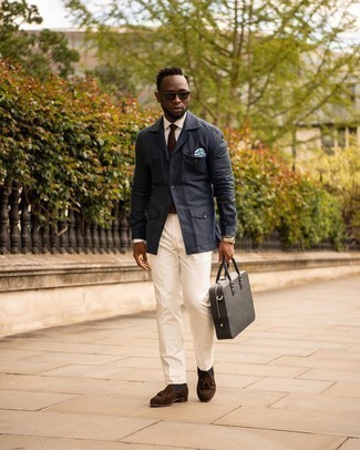 White Dress Pants Outfits For Men: Consider teaming a navy linen blazer with white dress pants for extra dapper style. Introduce a pair of dark brown suede tassel loafers to the mix and you're all done and looking smashing.