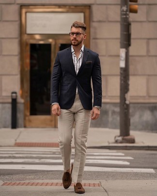 White and Navy Vertical Striped Dress Shirt Outfits For Men: Pair a white and navy vertical striped dress shirt with beige dress pants to look like a modern gentleman at all times. On the footwear front, this getup is complemented nicely with dark brown suede tassel loafers.